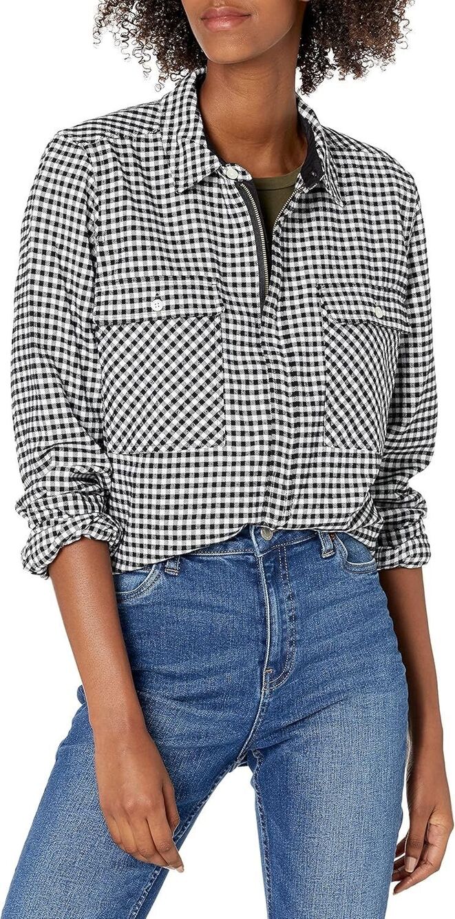 J. Crew Mercantile black and white gingham half-zip pullover jacket size L